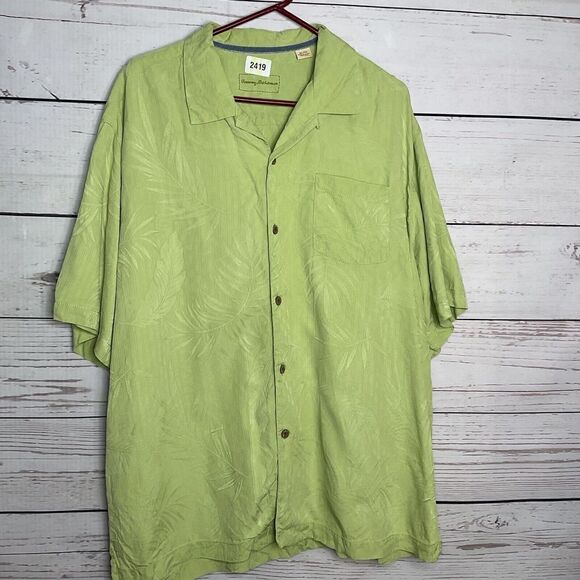 Tommy Bahama XL‎ Silk Green Short Sleeve Hawaiian Shirt Orchid Floral Textured - Picture 2 of 10